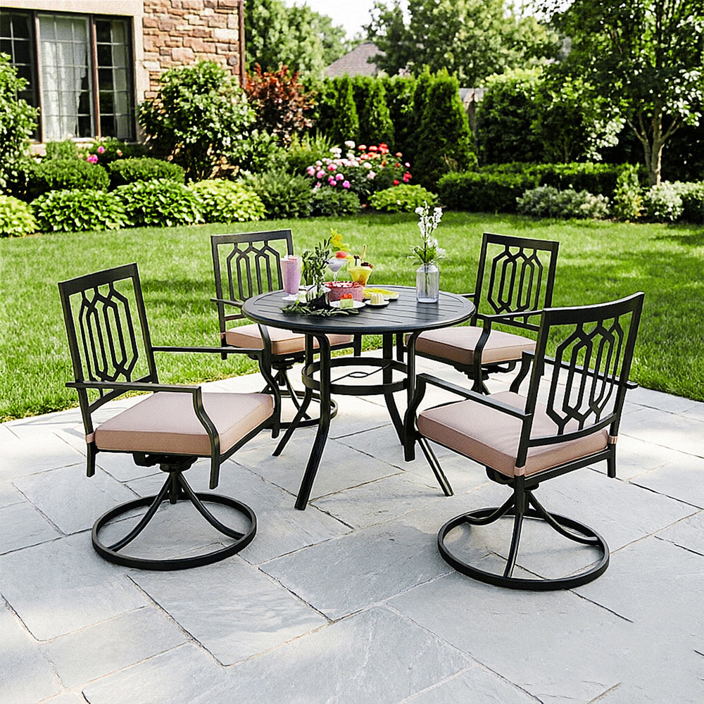 Captiva Designs 5pc Outdoor Steel Slat-top Round Dining Table & Metal Chairs with Stylish Back