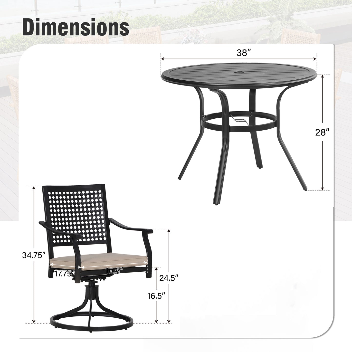 Captiva Designs 5pc Outdoor Steel Slat-top Round Dining Table & Metal Chairs with Stylish Back