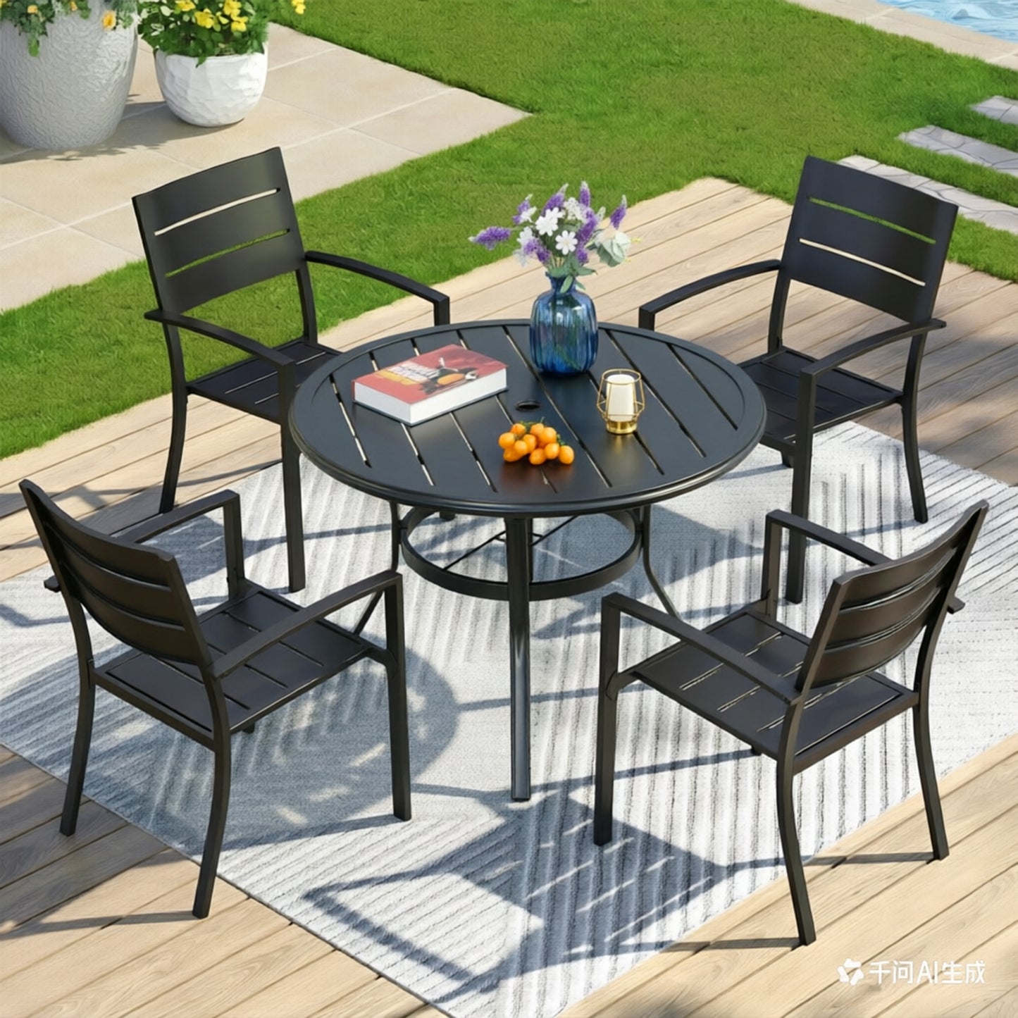 Captiva Designs 5pc Outdoor Patio Steel Dining Table & Metal Chairs with Stripe Back