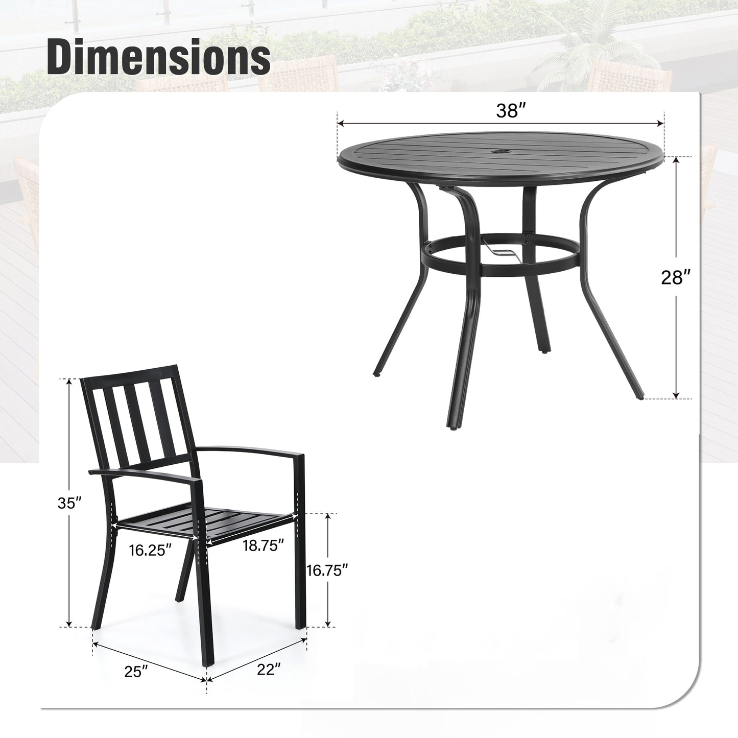 Captiva Designs 5pc Outdoor Steel Slat-top Round Dining Table & Metal Chairs with Stylish Back
