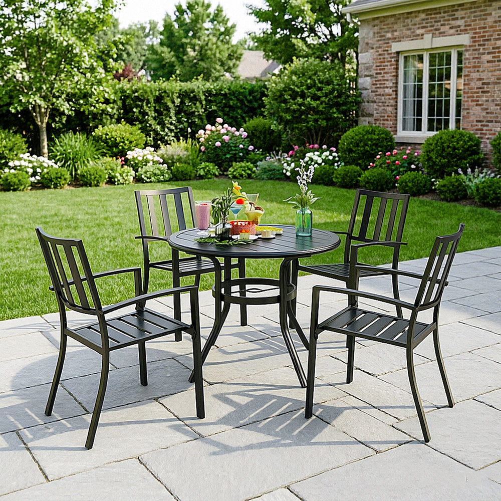 Captiva Designs 5pc Outdoor Steel Slat-top Round Dining Table & Metal Chairs with Stylish Back