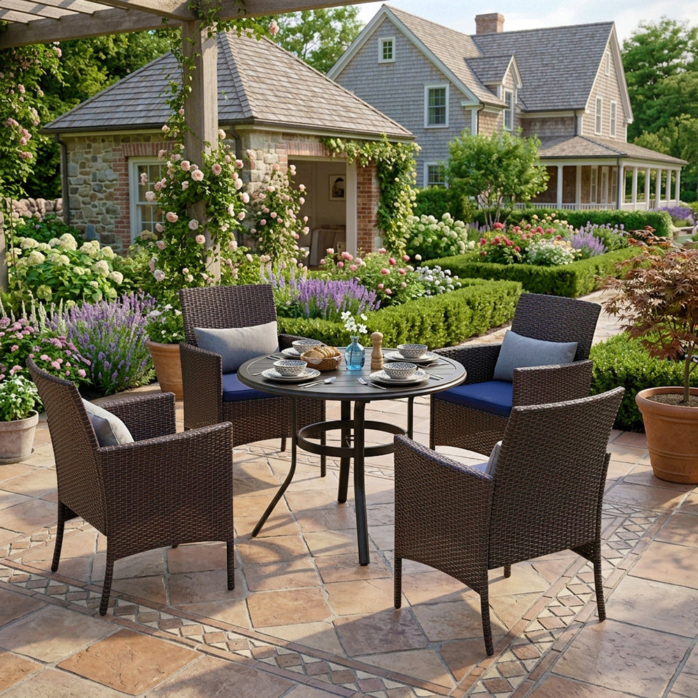 Captiva Designs 5pc Outdoor Patio Steel Dining Table & Rattan Chairs with Cushion