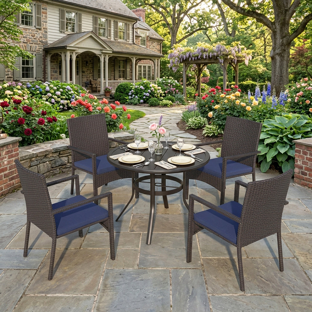Captiva Designs 5pc Outdoor Patio Steel Dining Table & Rattan Chairs with Cushion