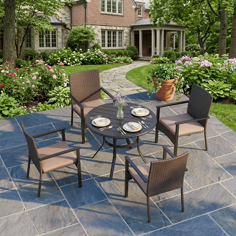 Captiva Designs 5pc Outdoor Patio Steel Dining Table & Rattan Chairs with Cushion