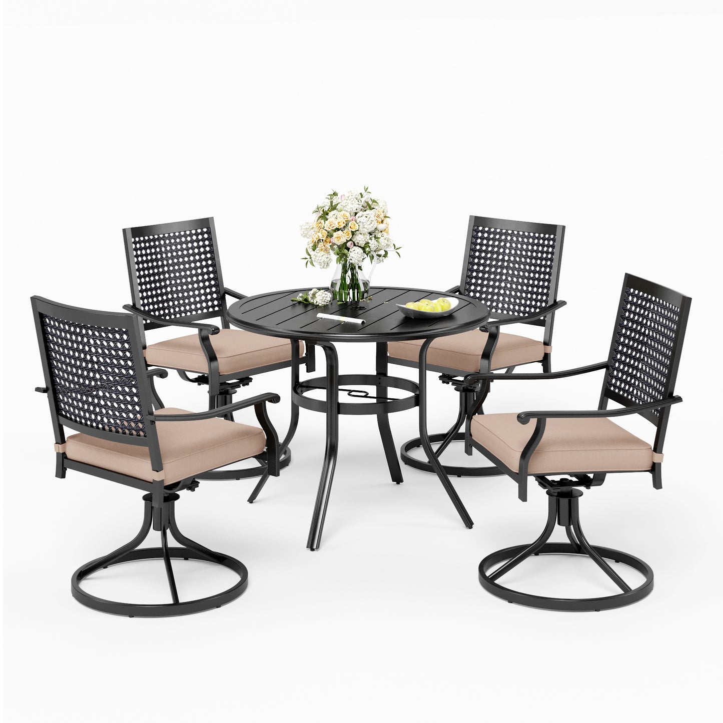 Captiva Designs 5pc Outdoor Steel Slat-top Round Dining Table & Metal Chairs with Stylish Back