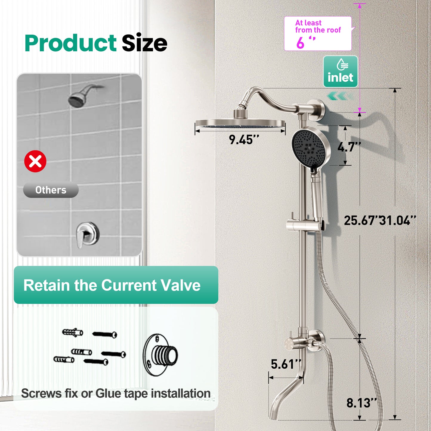 Captiva Designs Wall Mounted High Pressure Shower Head with Hand Shower