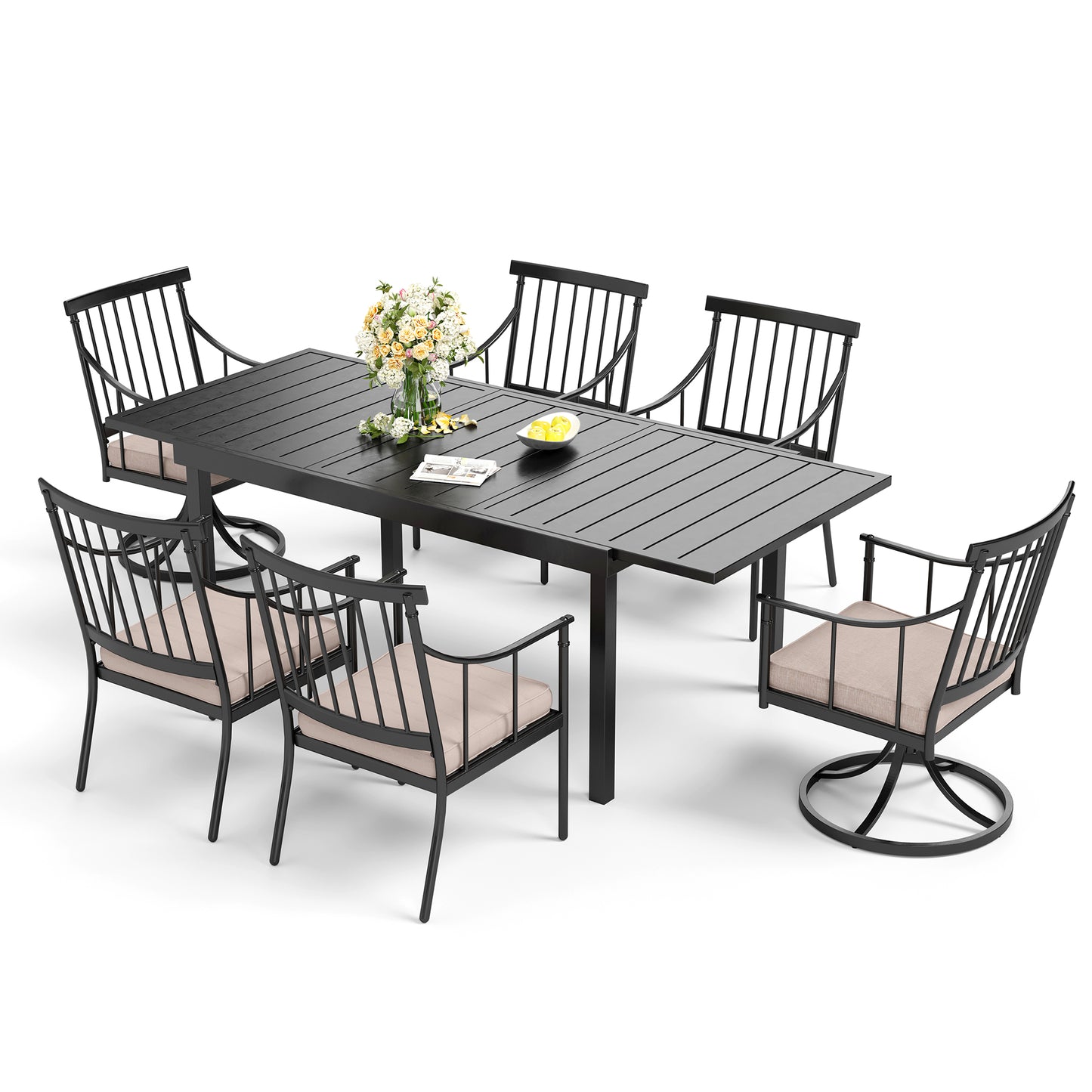Captiva Designs 7pc Ourdoor Patio Rectangular Steel Table & Stylish Cushioned Arm Metal Chairs