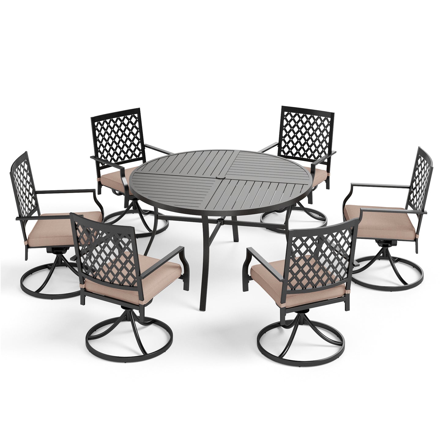 Captiva Designs 7pc Black Round Slatted Steel Table with Umbrella Hole& Metal Armrest Chairs