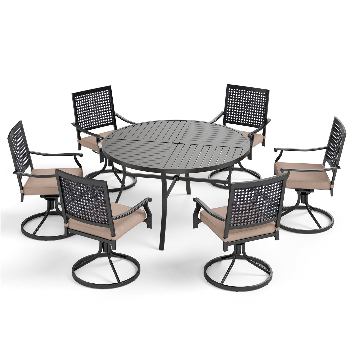 Captiva Designs 7pc Black Round Slatted Steel Table with Umbrella Hole& Metal Armrest Chairs