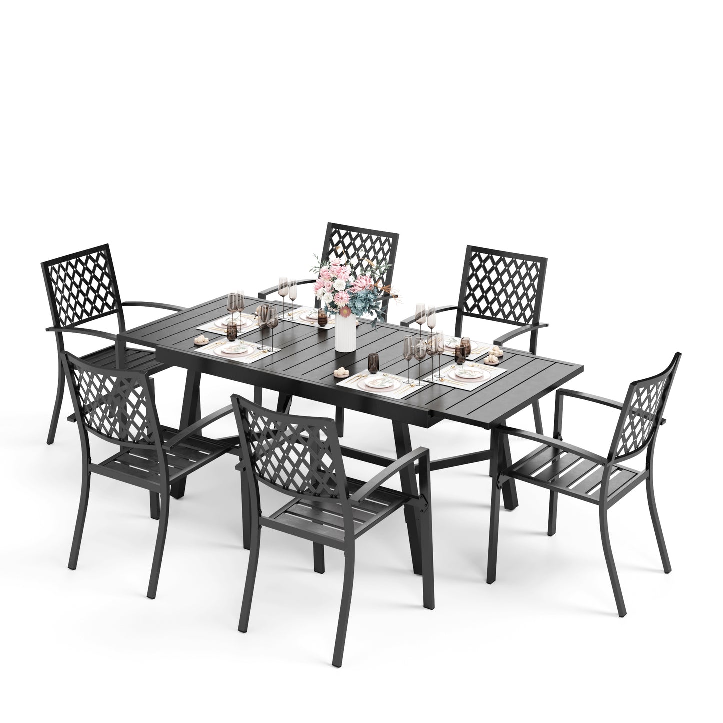 Captiva Designs 7pc Outdoor Expandable Rectangle Dining Table & Metal Armrest Chairs