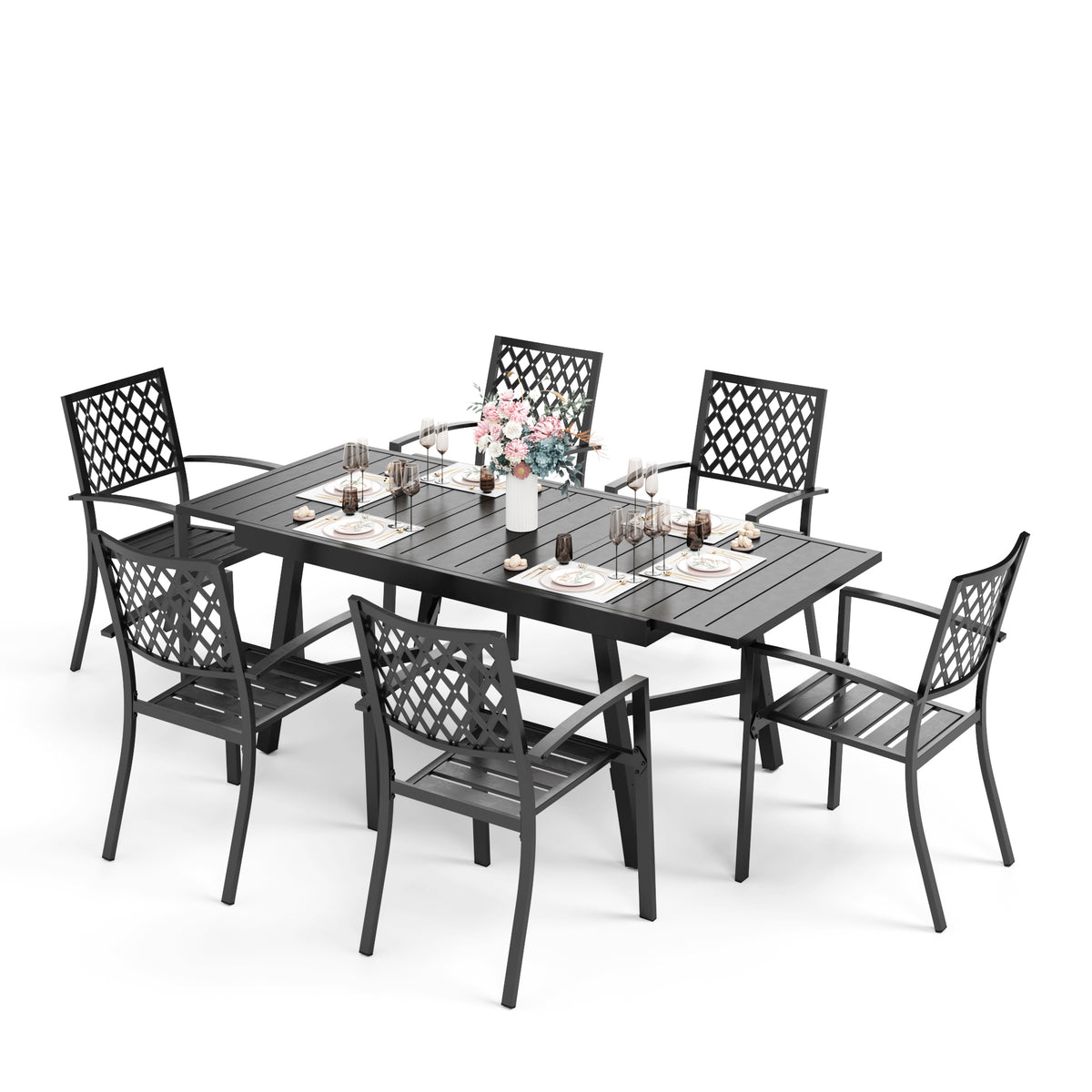 Captiva Designs 7pc Outdoor Expandable Rectangle Dining Table & Metal Armrest Chairs