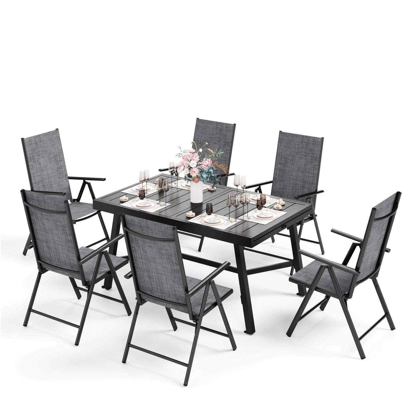 Captiva Designs 7pc Patio Dining Set with Slat-top Rectangle Table & Sling Foldable Chair