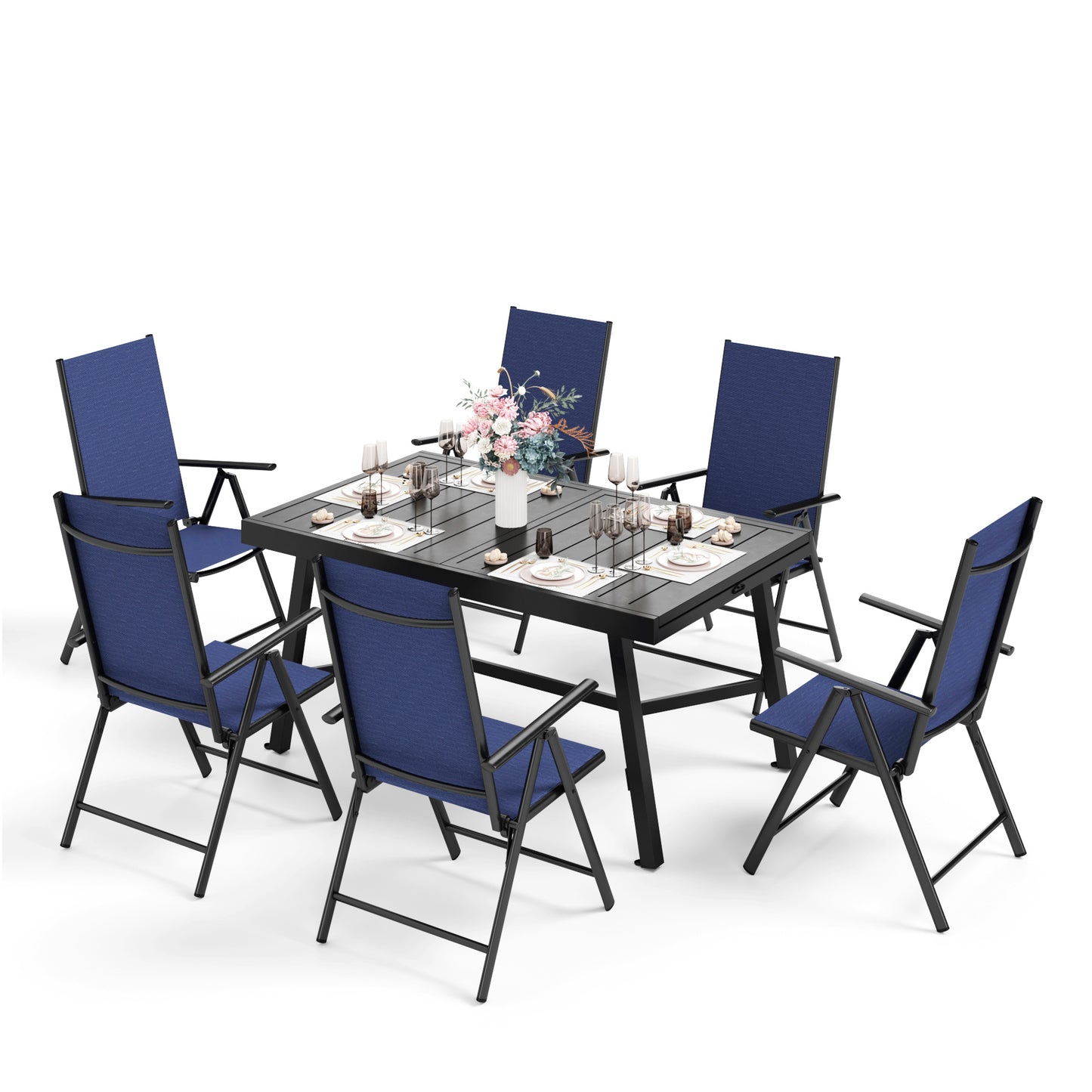 Captiva Designs 7pc Patio Dining Set with Slat-top Rectangle Table & Sling Foldable Chair