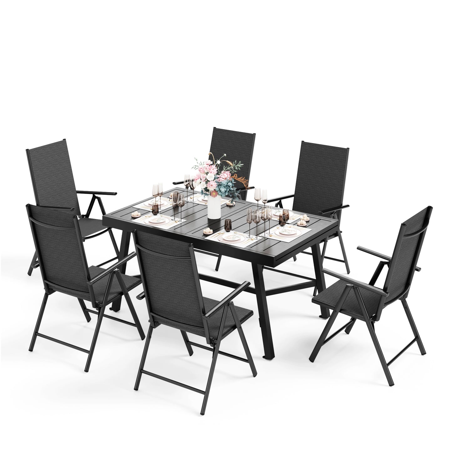 Captiva Designs 7pc Patio Dining Set with Slat-top Rectangle Table & Sling Foldable Chair