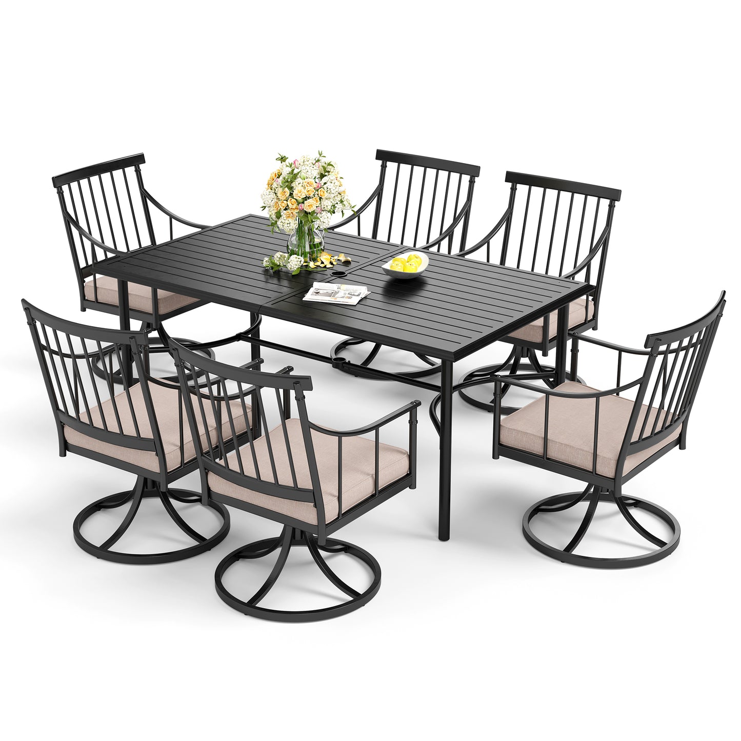 Captiva Designs 7pc Patio Slatted Top Steel Dining Table with Umbrella Hole & Stylish Cushioned Metal Chairs