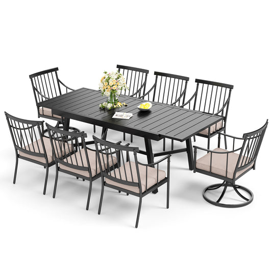 Captiva Designs 9pc Patio  Slat-top Adjustable Steel Rectangle Table & Stylish Arm Chairs with Cushions