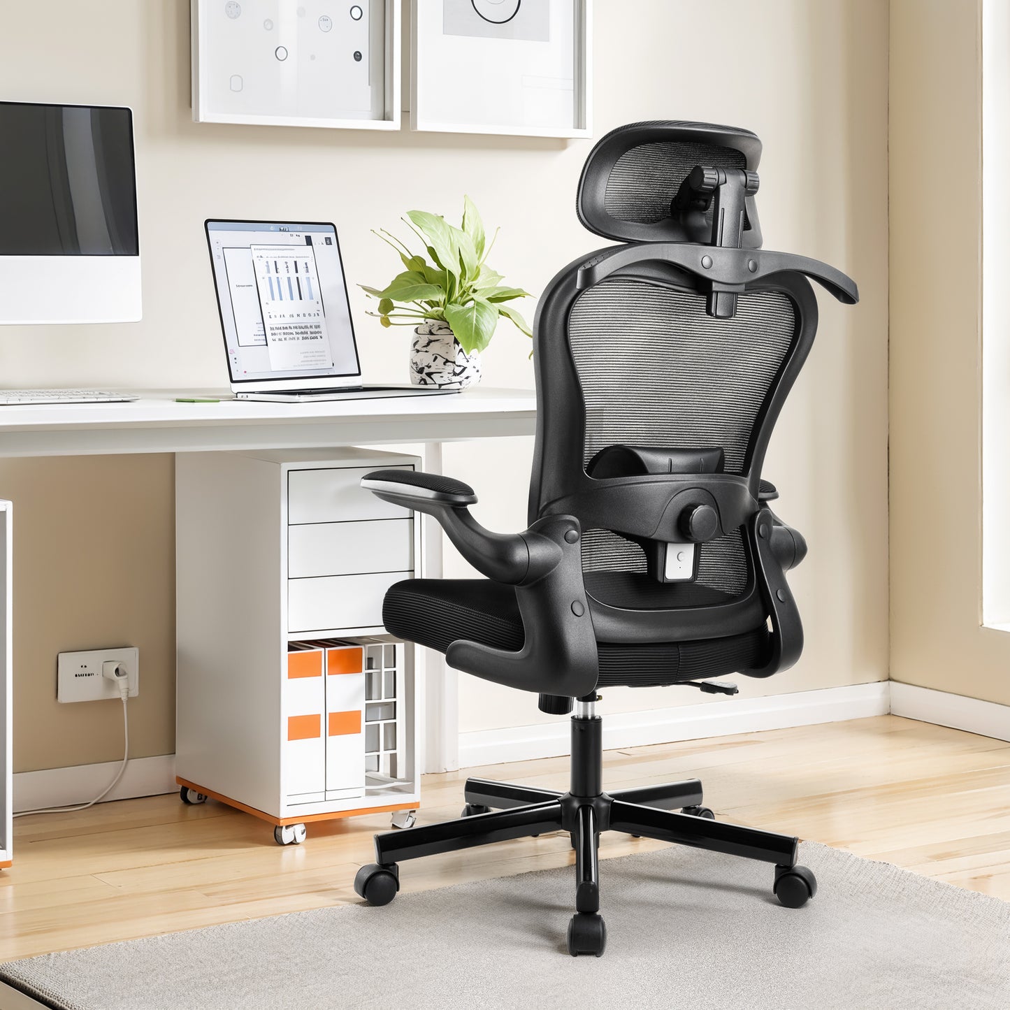 Captiva Designs Ergonomic High-Back Mesh Office Chair Adjustable Height Swivel Chair with Flip-Up Armrests, Black