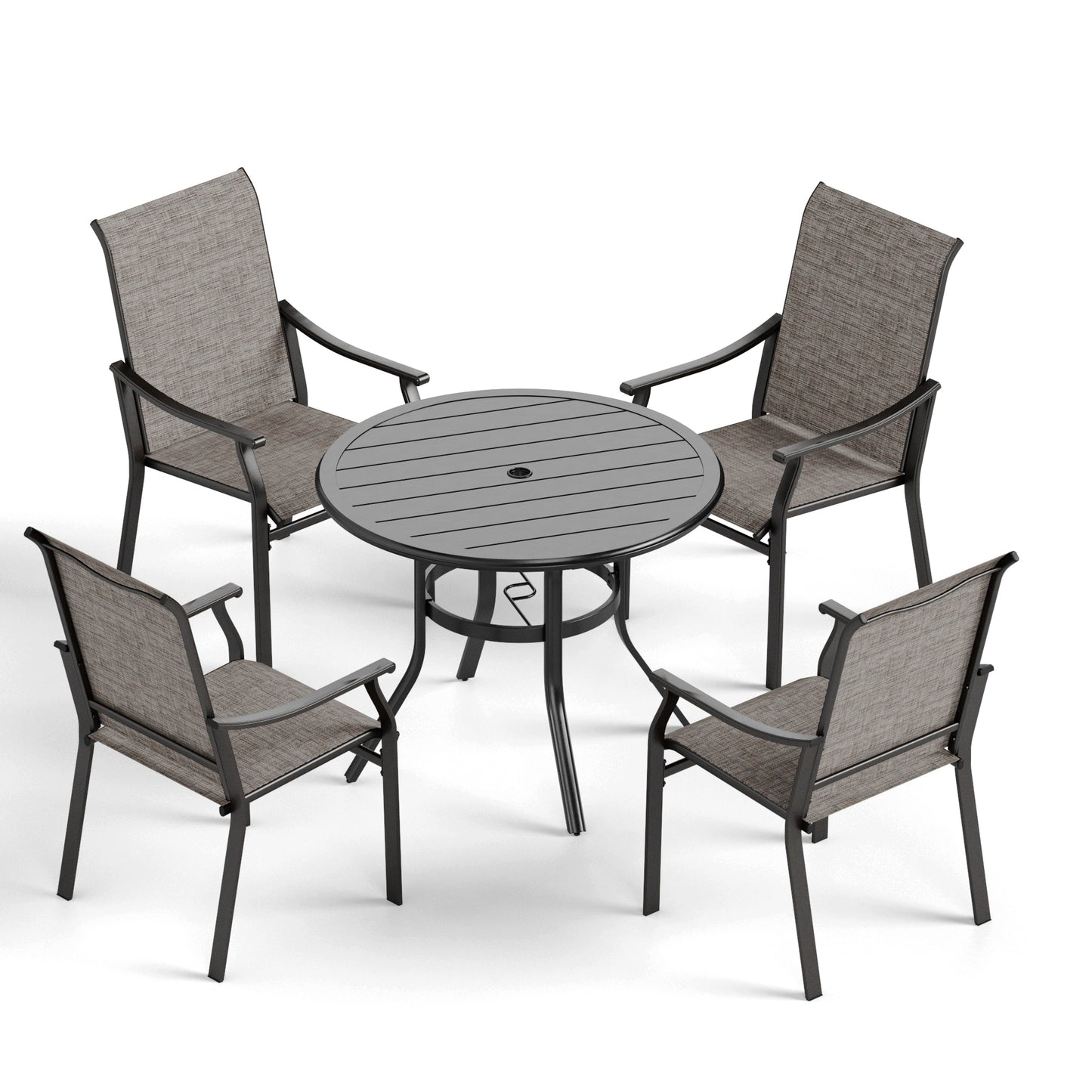 Captiva Designs 5pc Outdoor Patio Slat-top Black Round Dining Steel Table & Steel Frame Sling Chairs