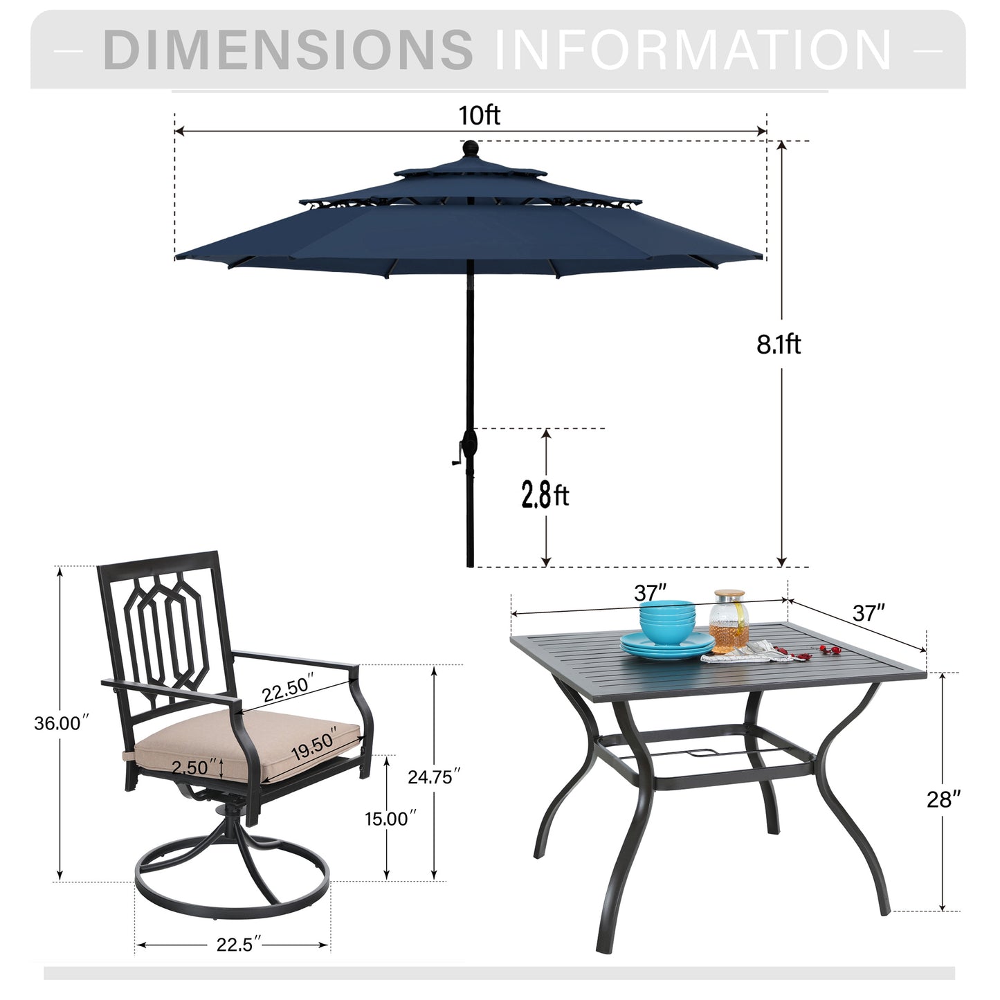 Captiva Designs 6pc Outdoor Patio Steel Dining Table & Swivel Metal Chairs & Market Umbrella