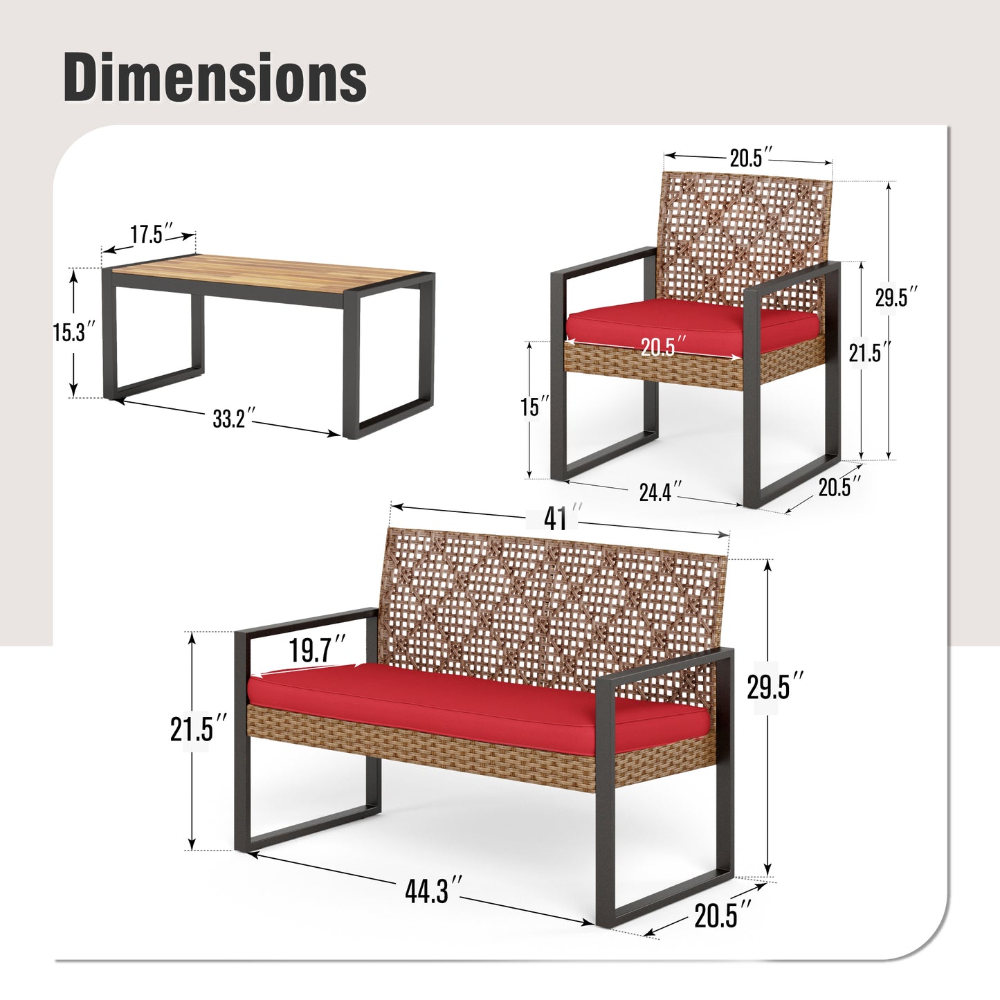 Captiva Designs Outdoor Patio 4 Pieces Wicker Porch Furniture Small Rattan Couch Set with Wood Table for Backyard