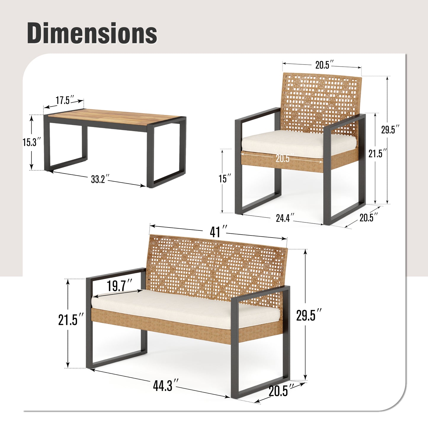 Captiva Designs Outdoor Patio 4 Pieces Wicker Porch Furniture Small Rattan Couch Set with Wood Table for Backyard