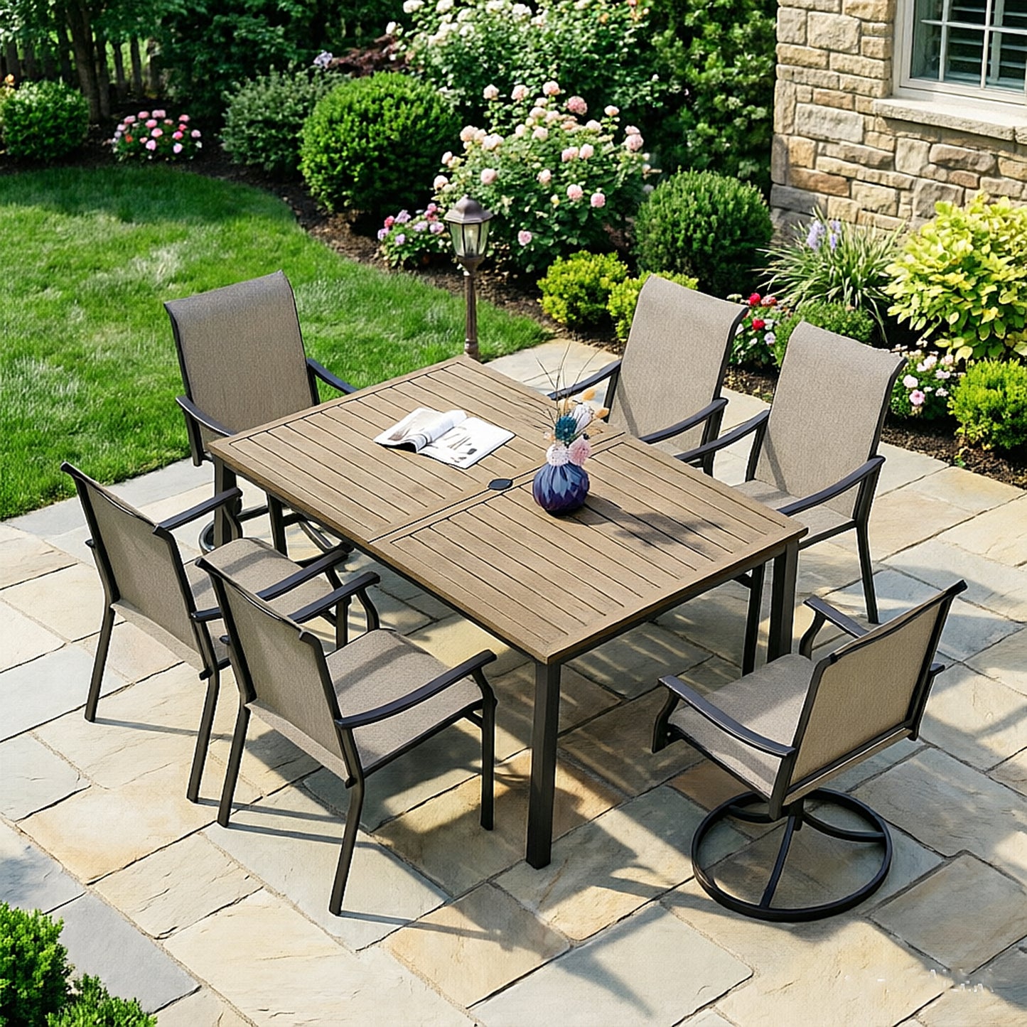 Captiva Designs 7pc Outdoor Patio Black Steel Dining Table & Brown Textilene Arm Chairs