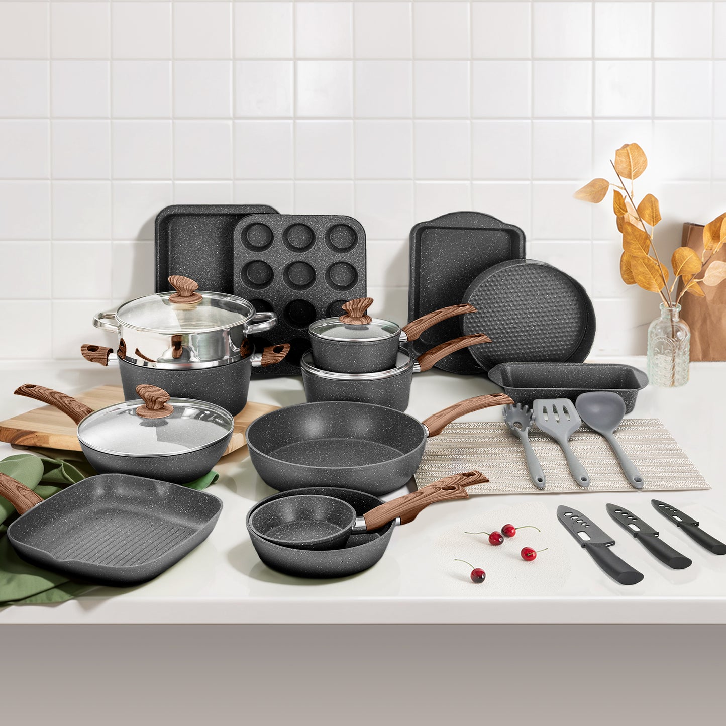 Captiva Designs Nonstick Granite Cookware and Bakeware Set with Heat-Resistant Bakelite Handle