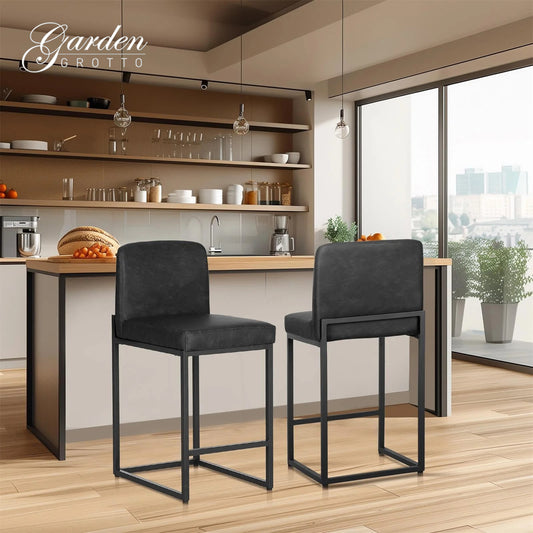 Garden Grotto Black Bar Stools Set of 2, Counter Height 24" Bar Stools with Backs, Modern PU Leather Kitchen Island Chairs