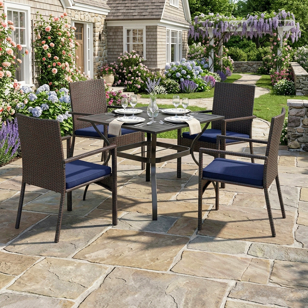 Captiva Designs 5pc Patio Dining Set Steel Frame Table with Umbrella Hole & Rattan Chairs with Removable Cushions