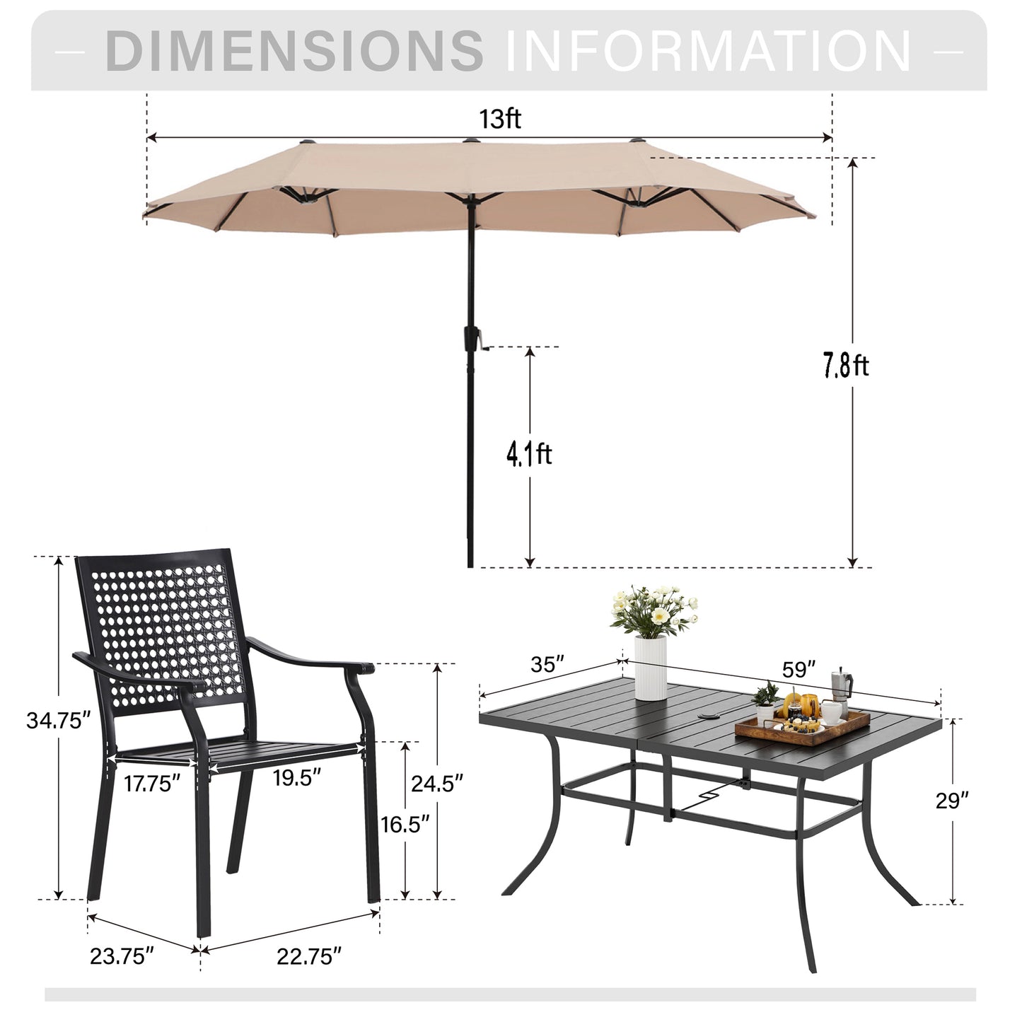Captiva Designs 8pc Patio Dining Set with Rectangular Steel Table & Black Steel Chairs & Market Umbrella