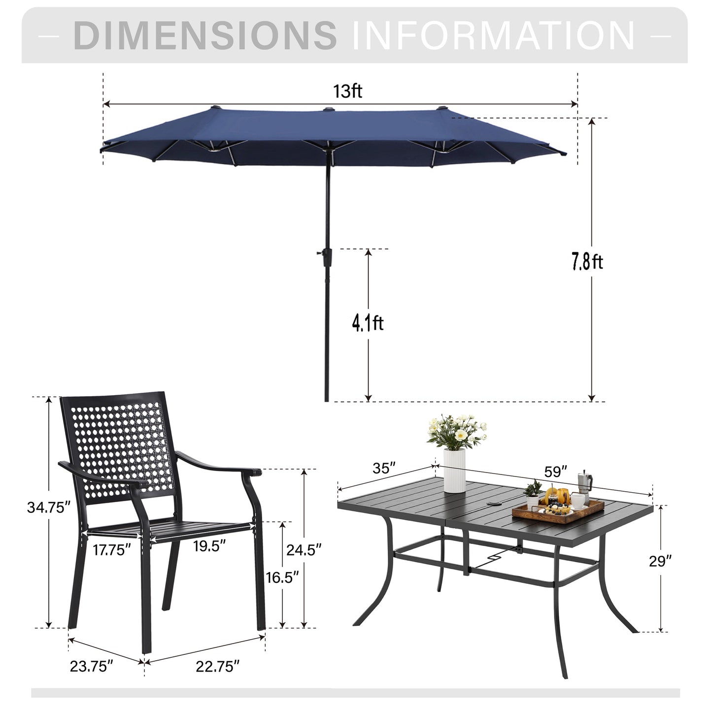 Captiva Designs 8pc Patio Dining Set with Rectangular Steel Table & Black Steel Chairs & Market Umbrella