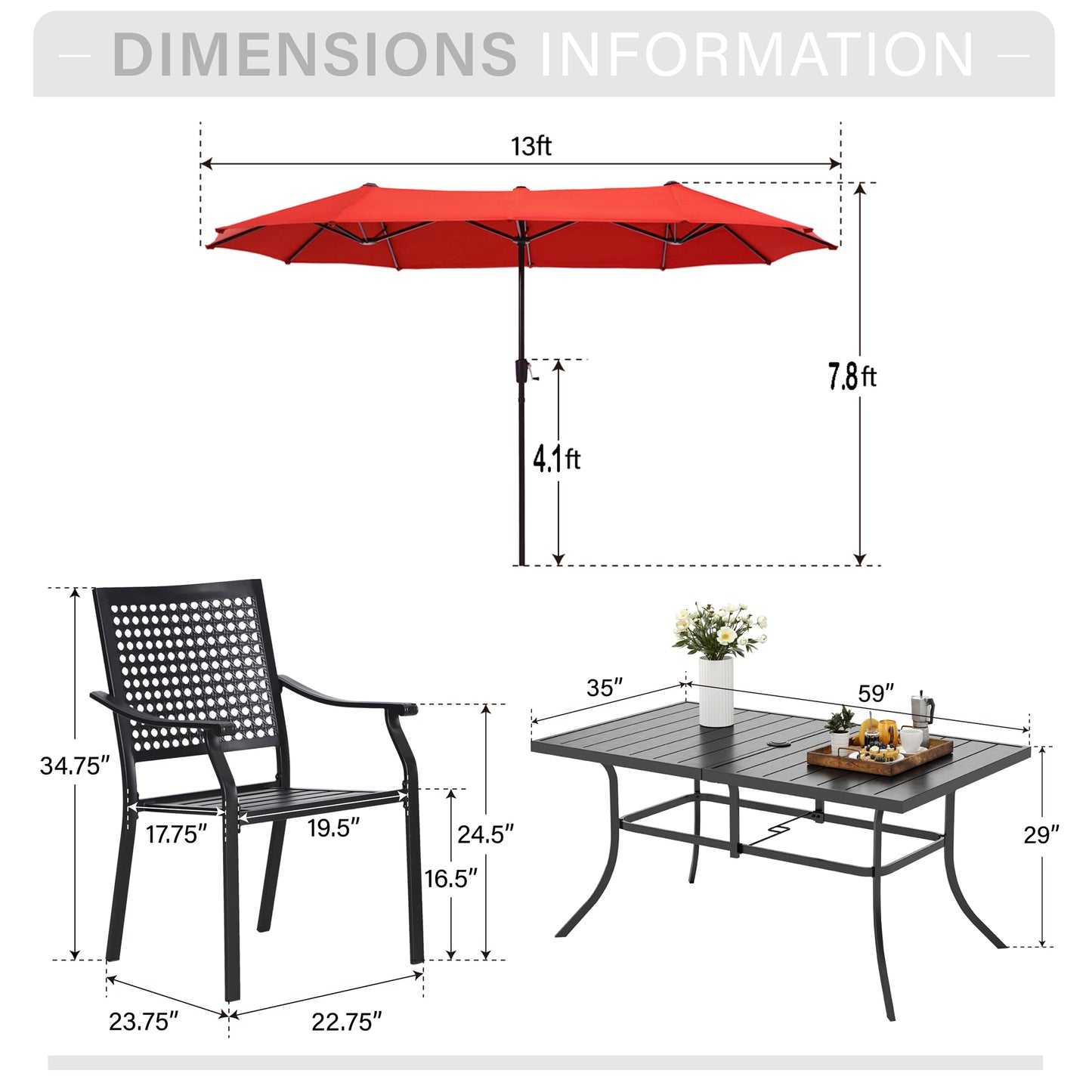 Captiva Designs 8pc Patio Dining Set with Rectangular Steel Table & Black Steel Chairs & Market Umbrella
