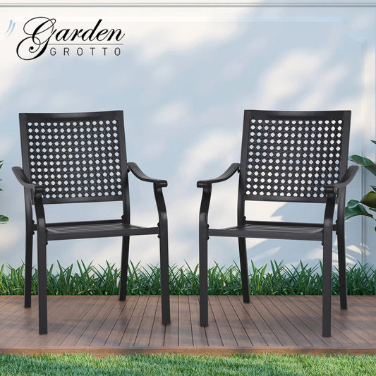 Garden Grotto 2PCS Outdoor Patio Wrought Iron Arm Dining Chairs Metal Stackable Furniture Chairs, Black