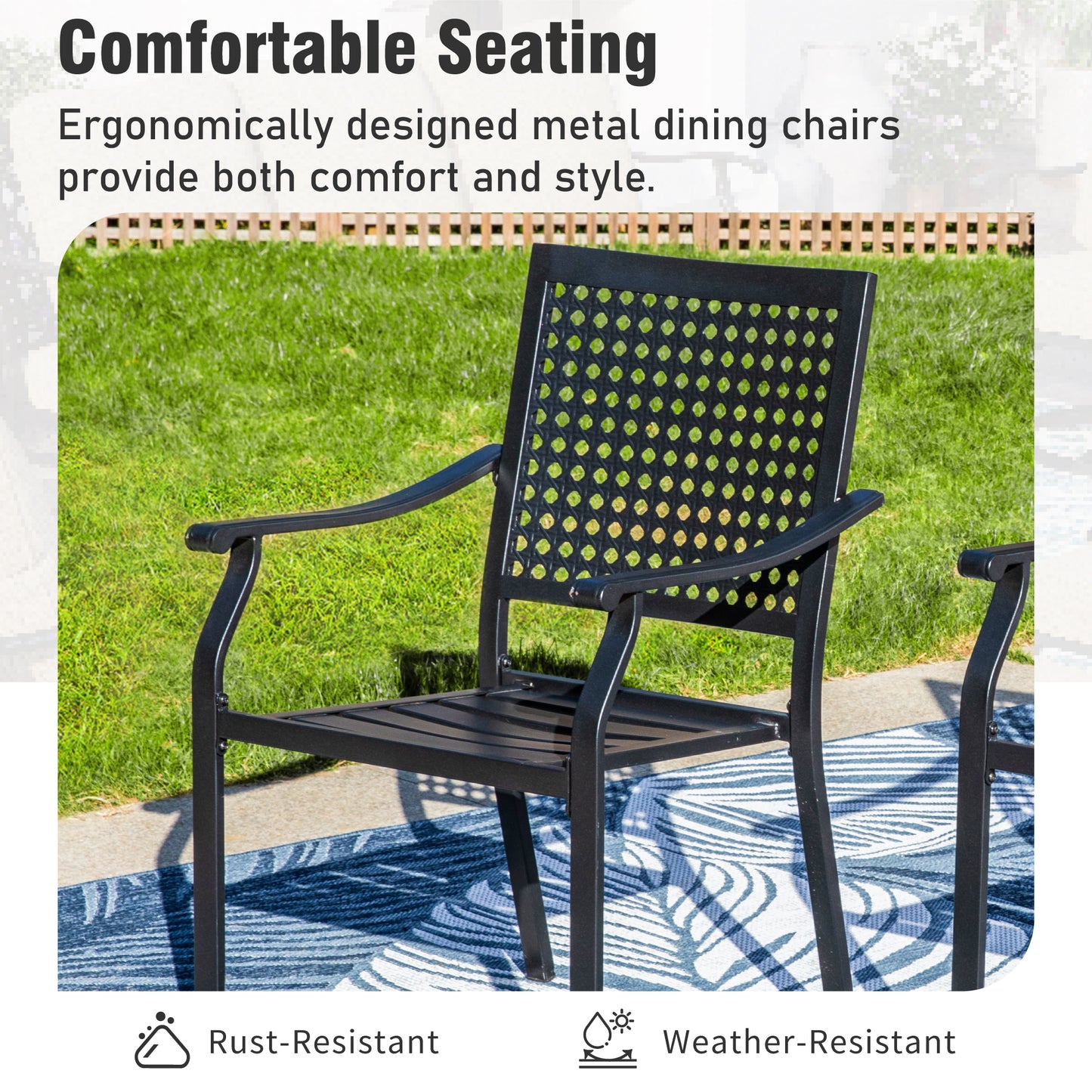 Captiva Designs 7pc Patio Dining Steel Wood-look Table with Umbrella Hole & Stackable Chairs with Bull's Eye Pattern