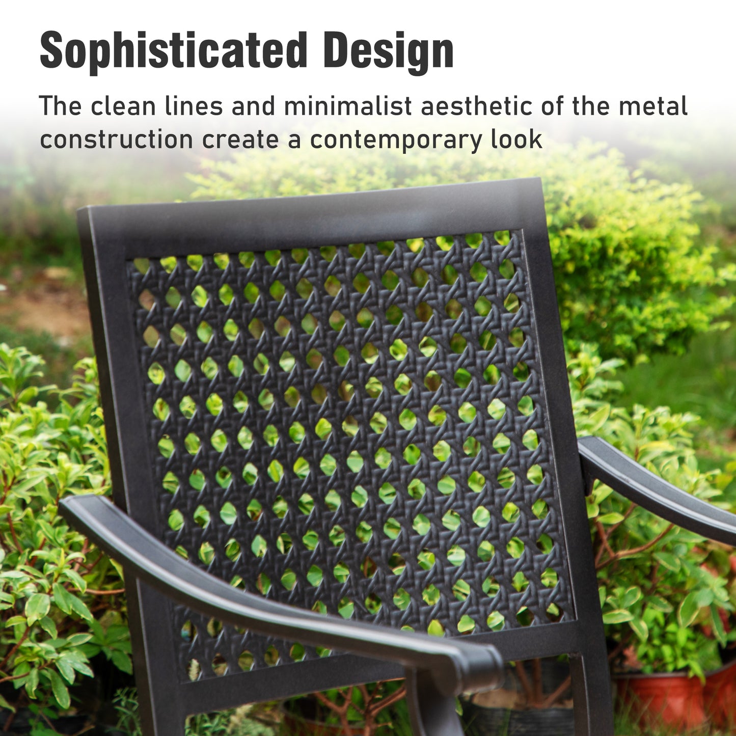 Captiva Designs 7pc Patio Dining Steel Wood-look Table with Umbrella Hole & Stackable Chairs with Bull's Eye Pattern