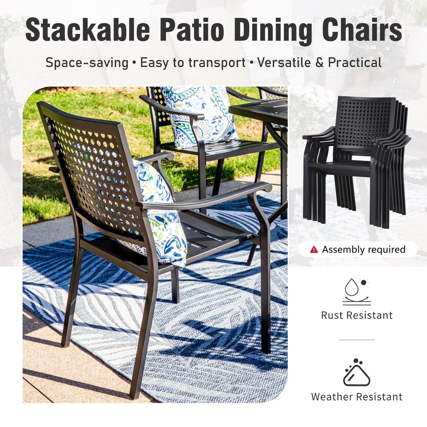 Captiva Designs 7pc Patio Dining Slat-top Expandable Rectangle Steel Table & Stylish Back Metal Chairs