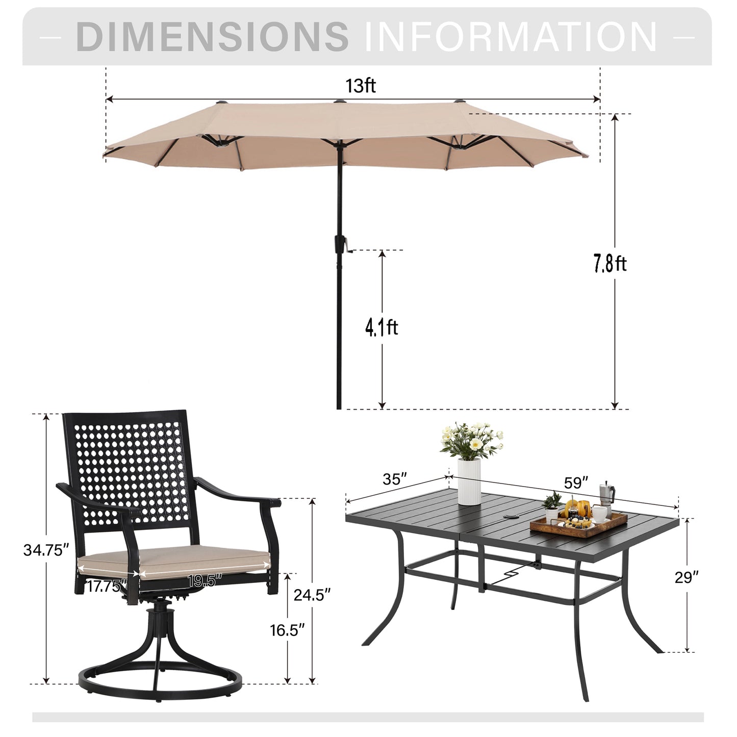 Captiva Designs 8pc Patio Dining Set with Rectangular Steel Table & Black Steel Chairs & Market Umbrella