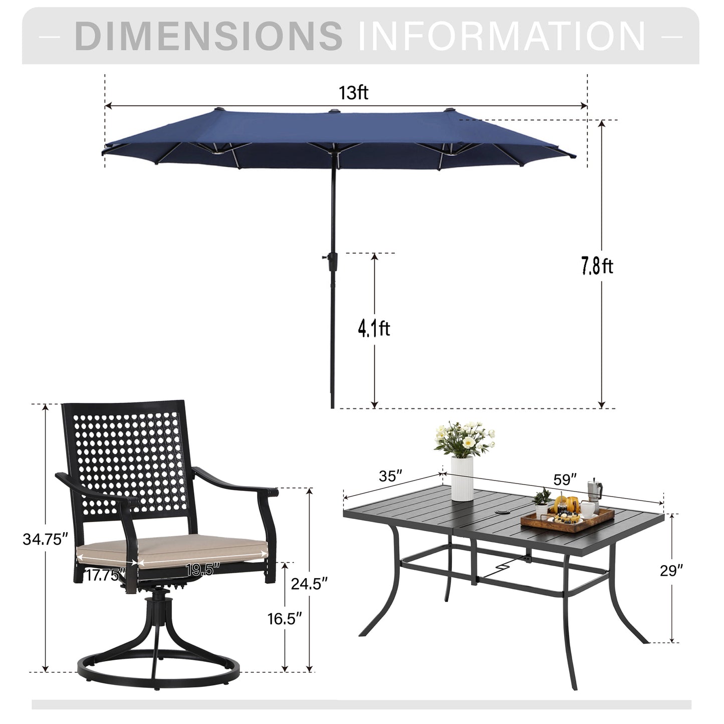 Captiva Designs 8pc Patio Dining Set with Rectangular Steel Table & Black Steel Chairs & Market Umbrella