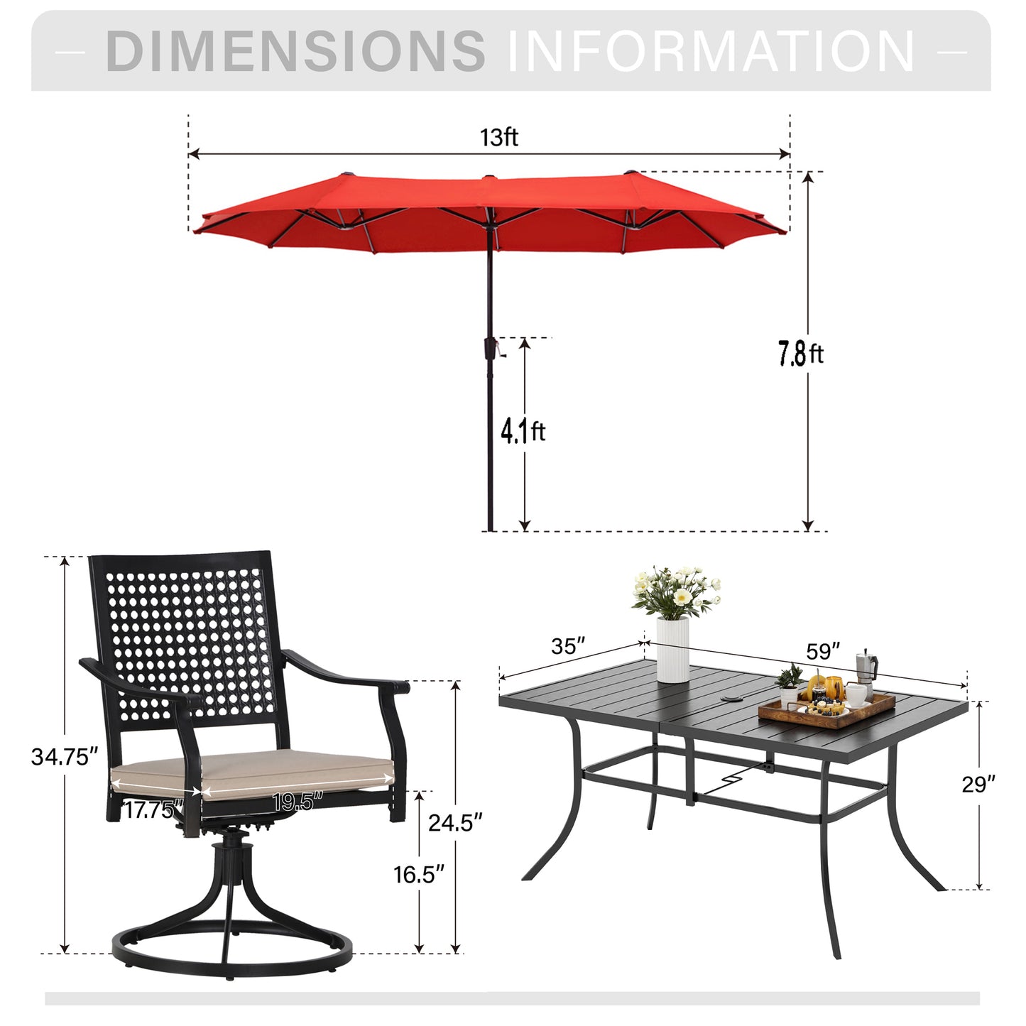 Captiva Designs 8pc Patio Dining Set with Rectangular Steel Table & Black Steel Chairs & Market Umbrella