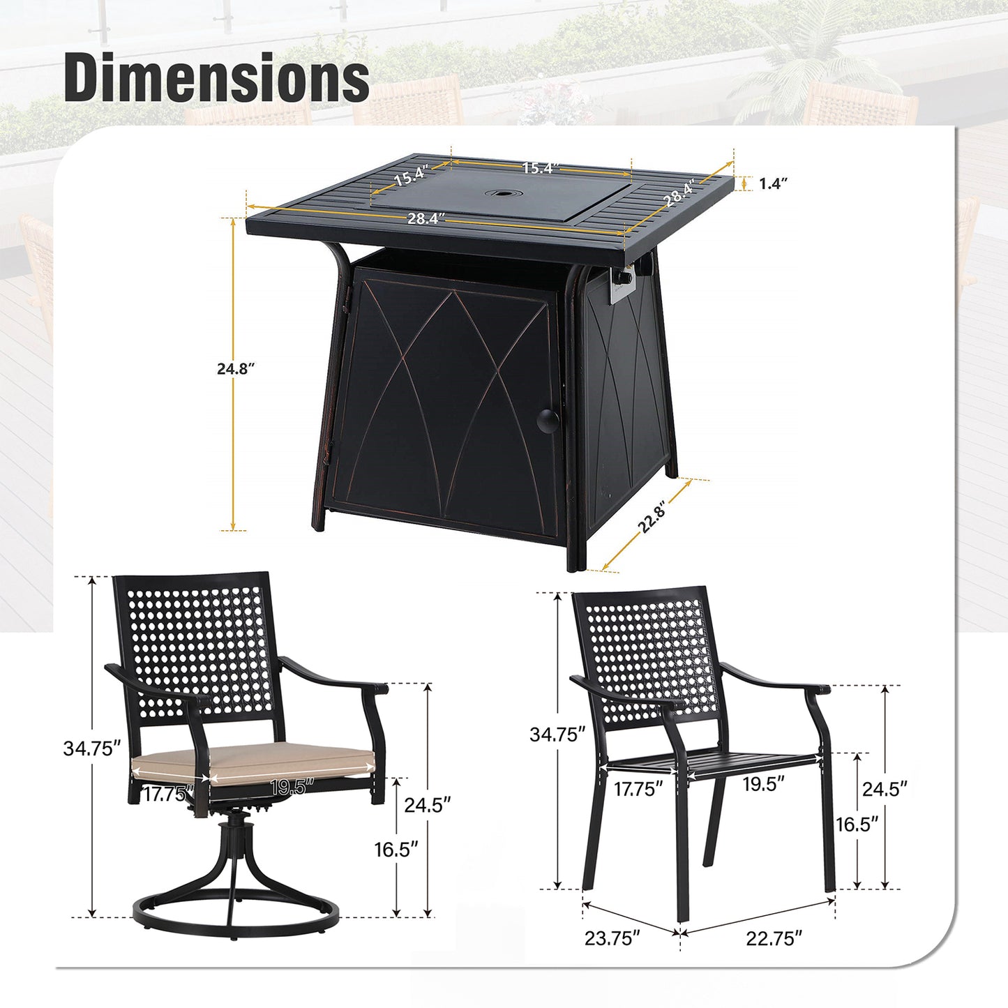 Captiva Designs 5pc Outdoor Patio Dining Set with Square Steel Table & Metal Armrest Chairs