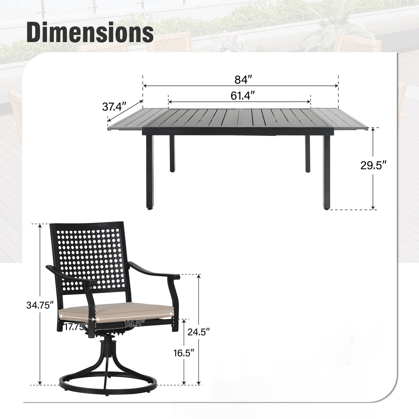 Captiva Designs 7pc Patio Slat-top Rectangle Dining Steel Table & Armrest Metal Chairs