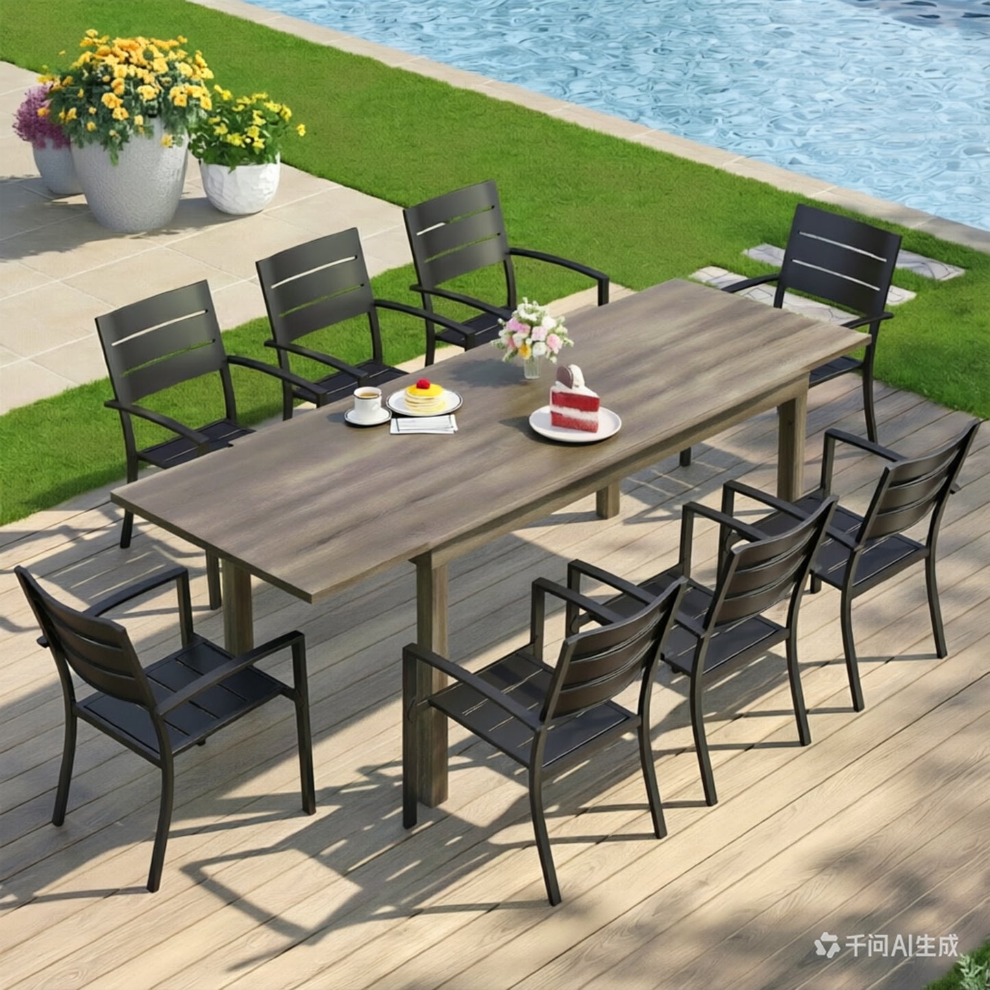Captiva Designs 9pc Patio Slat-top Metal Dining Table & Metal Chairs with Stripe Back