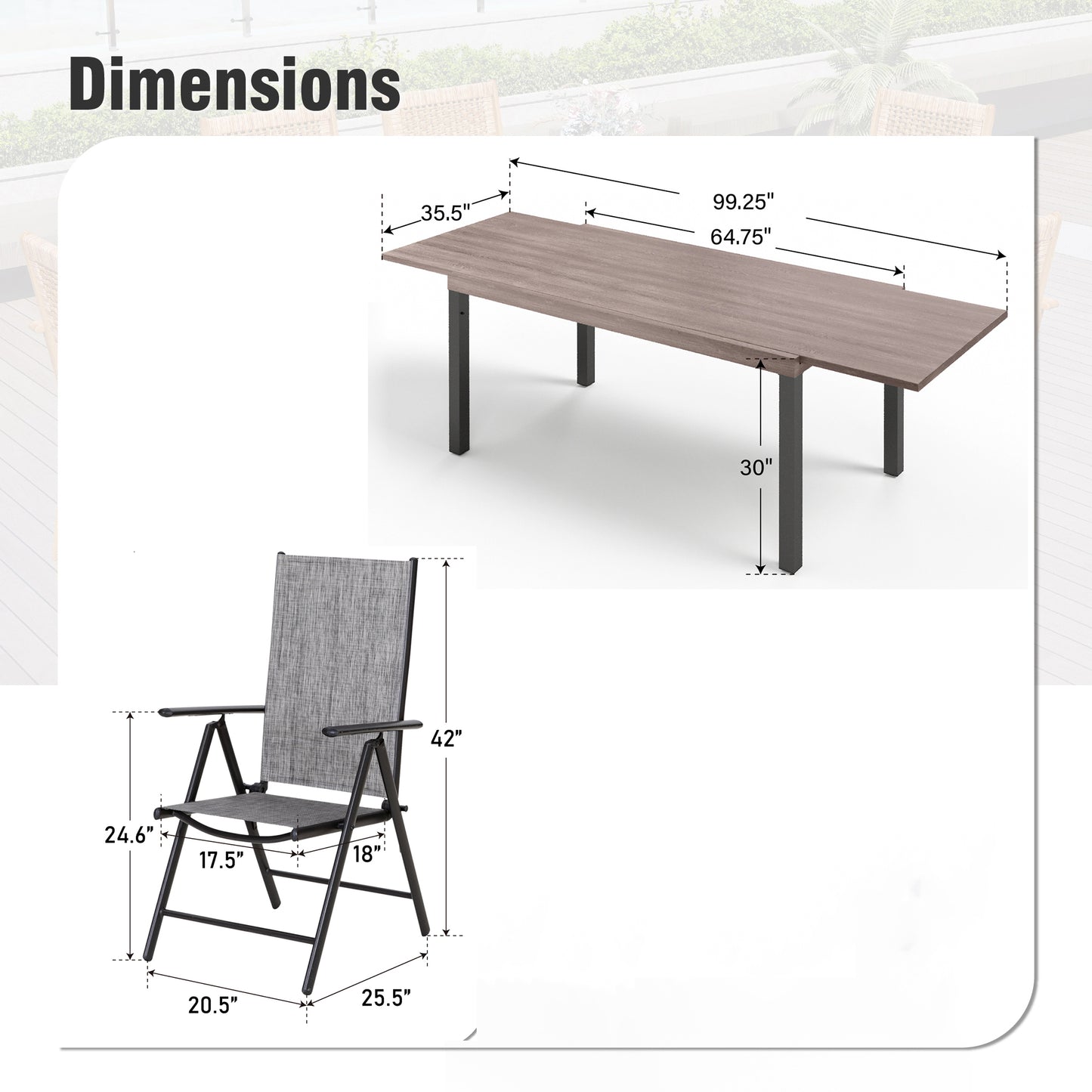 Captiva Designs 9 件套露台板顶可调节钢制矩形桌和黑色 Textilene 可躺折叠椅