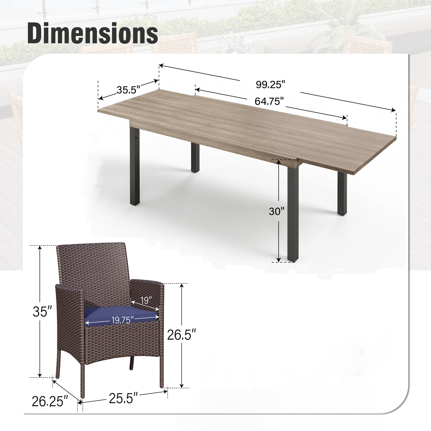 Captiva Designs 9pc Outdoor Patio Expandable Steel Dining Table & & Crescent Arm Rattan Chairs