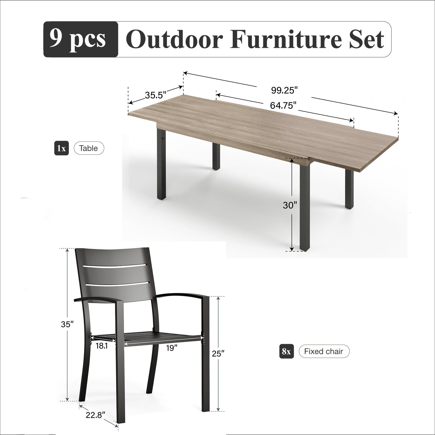 Captiva Designs 9pc Patio Slat-top Metal Dining Table & Metal Chairs with Stripe Back