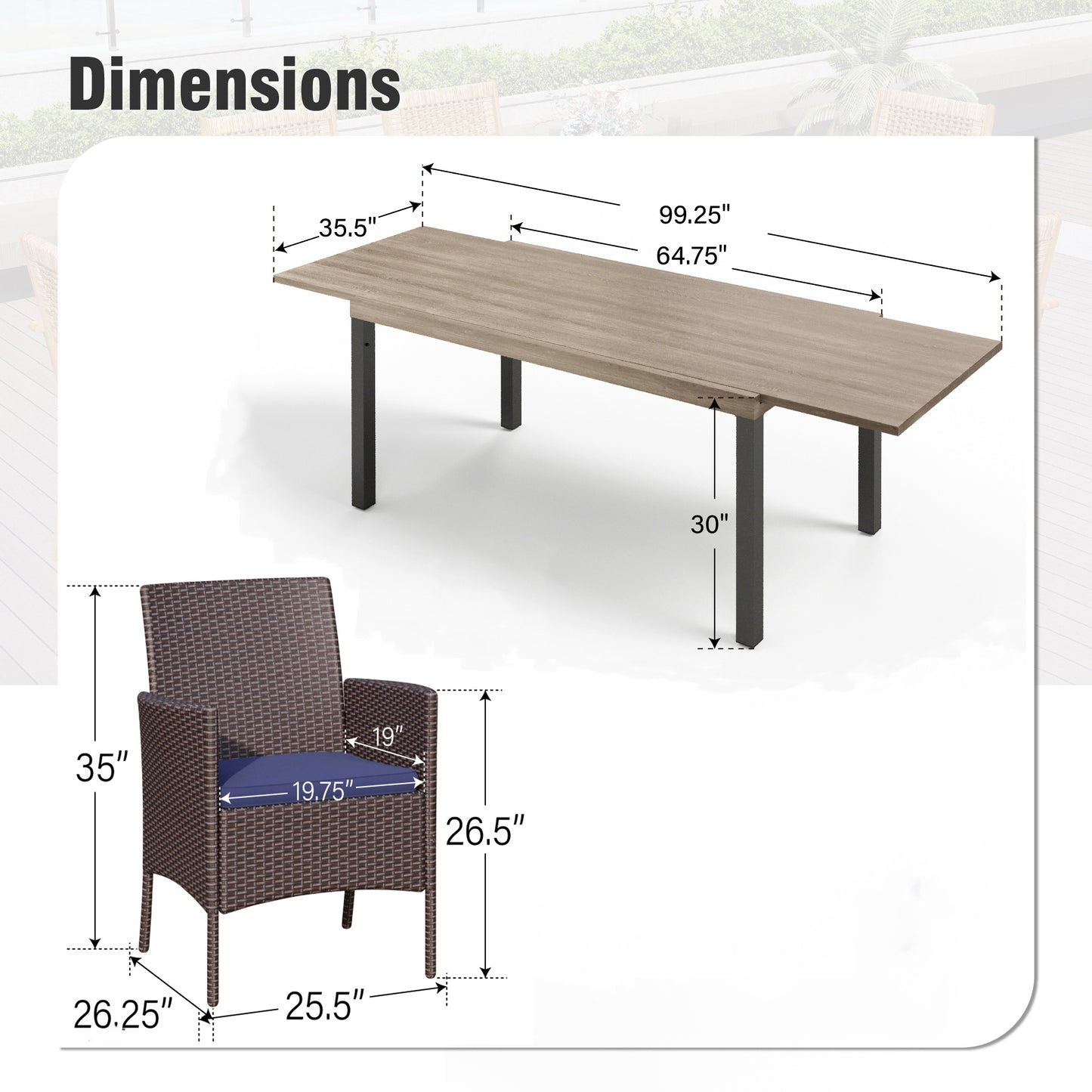 Captiva Designs 7pc Outdoor Patio Expandable Steel Dining Table & Crescent Arm Rattan Chairs