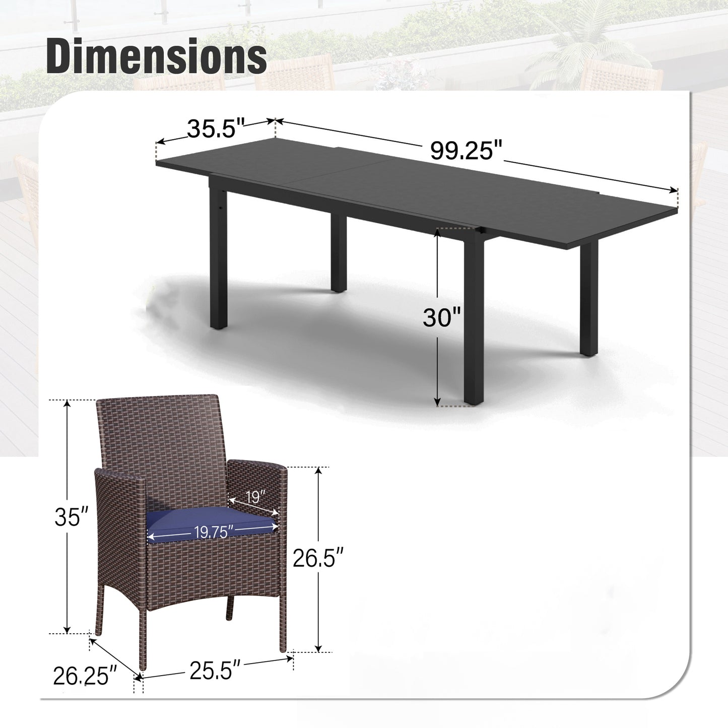Captiva Designs 9pc Outdoor Patio Expandable Steel Dining Table & & Crescent Arm Rattan Chairs