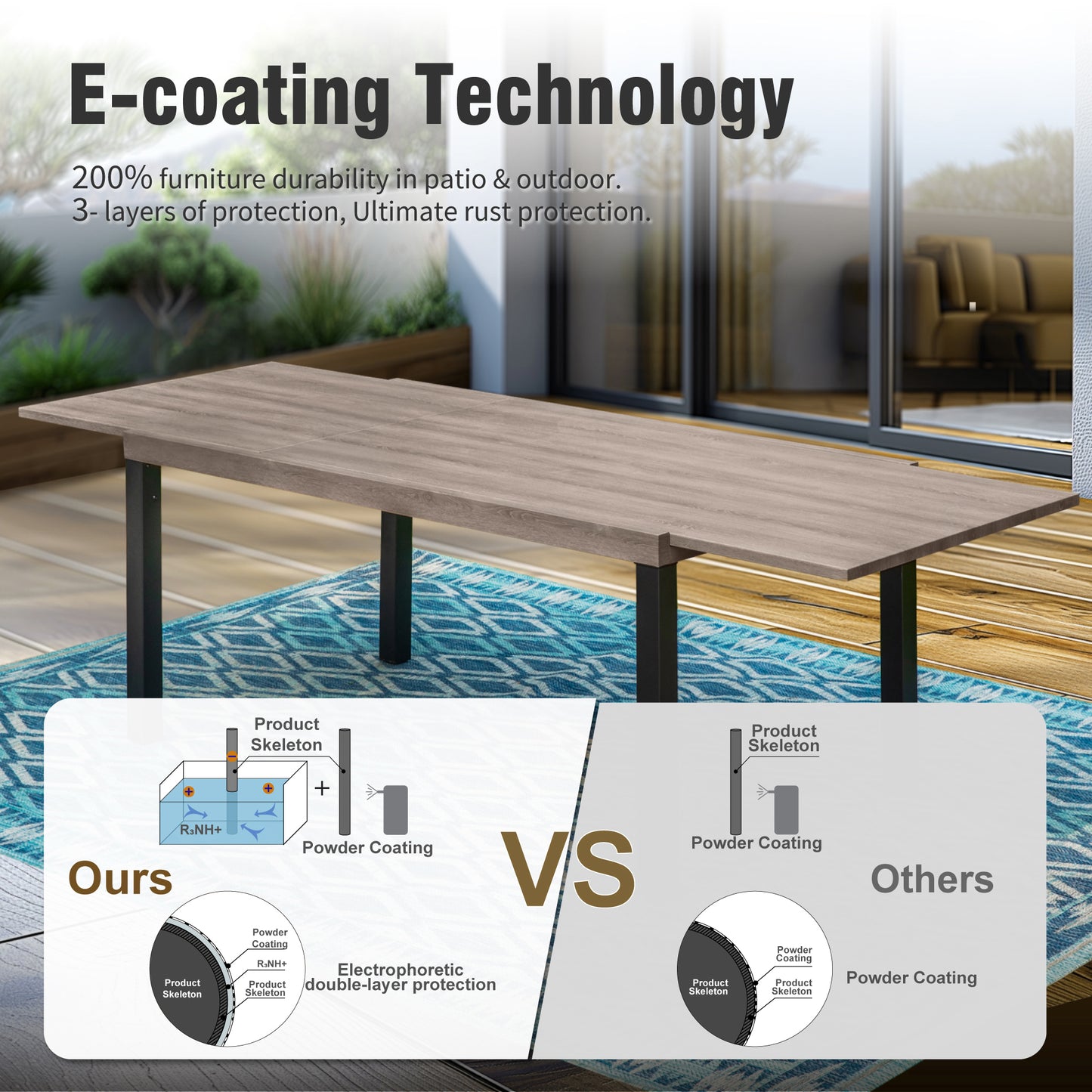 Captiva Designs 1pc Outdoor Patio Rectangular Steel Dining Table with Two Tabletop Leaves