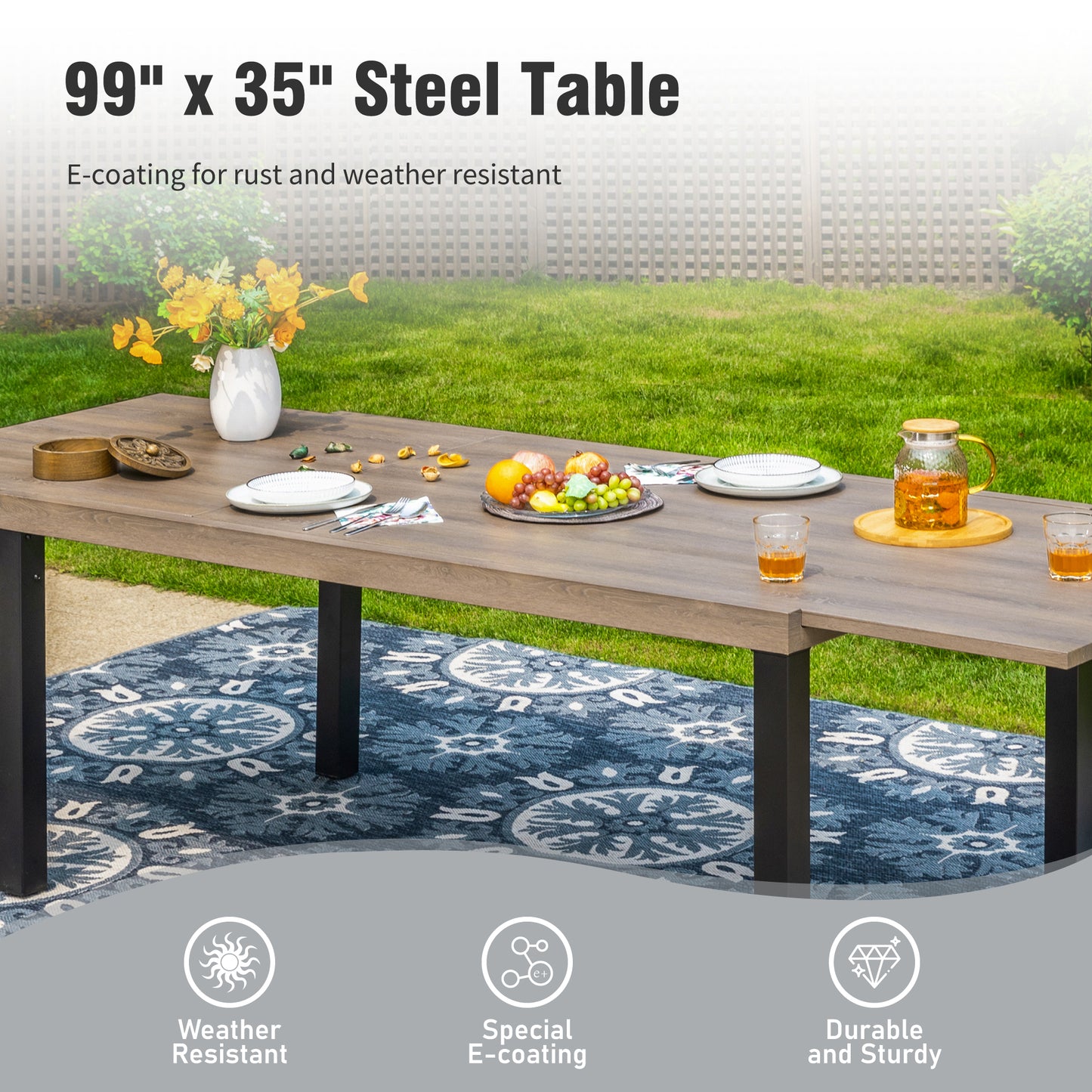 Captiva Designs 1pc Outdoor Patio Rectangular Steel Dining Table with Two Tabletop Leaves