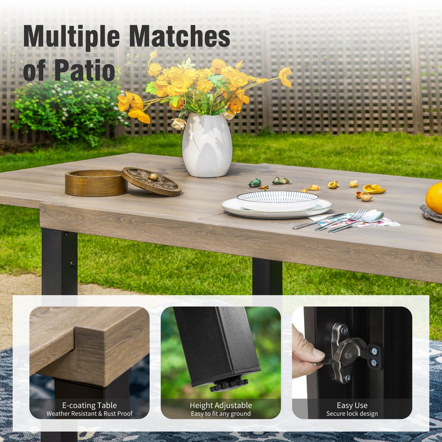 Captiva Designs 1pc Outdoor Patio Rectangular Steel Dining Table with Two Tabletop Leaves